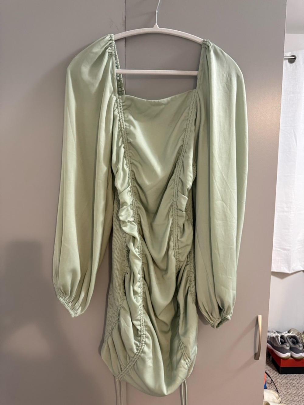 Vintage Sage Green Satin Dress with Ruched Detail